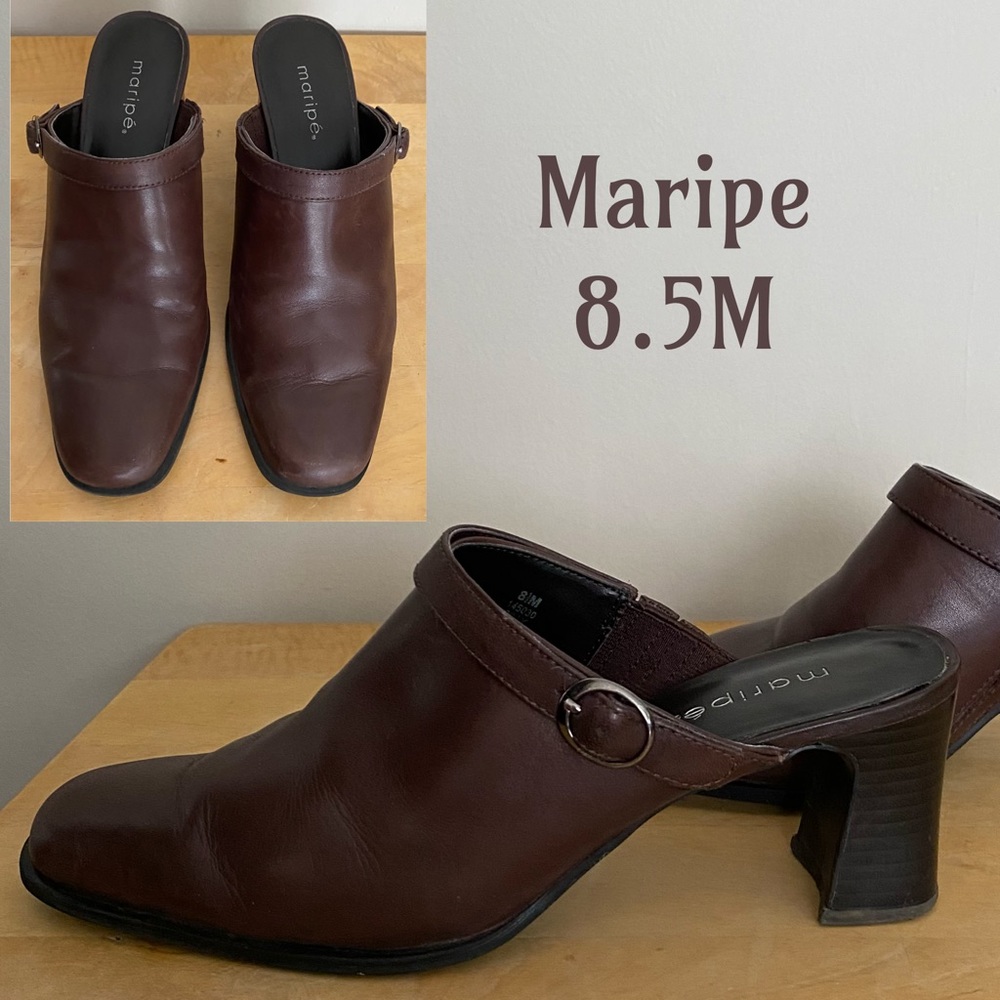 Maripe “Billy” Brown Leather Slip On Heels with Squared Toe Size 8.5M